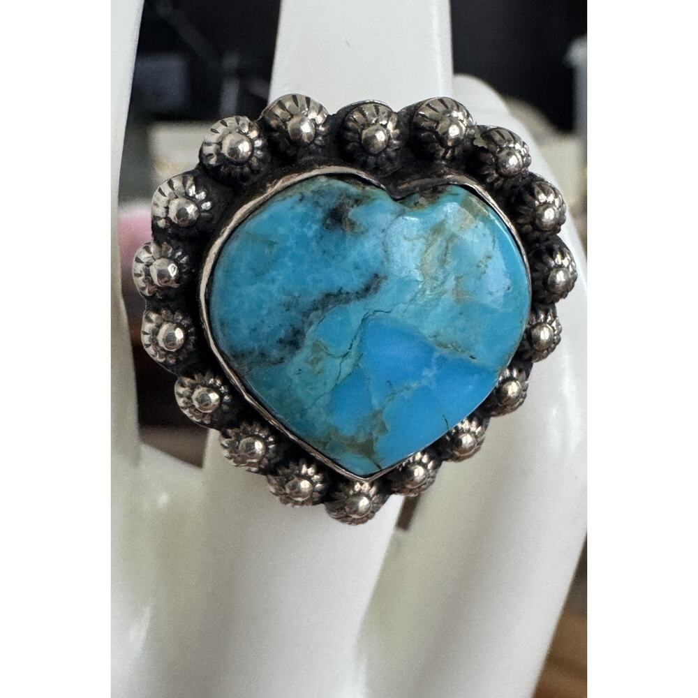 Navajo Kingman Turquoise Heart Sterling Silver Vintage Native American Ring Sz 7